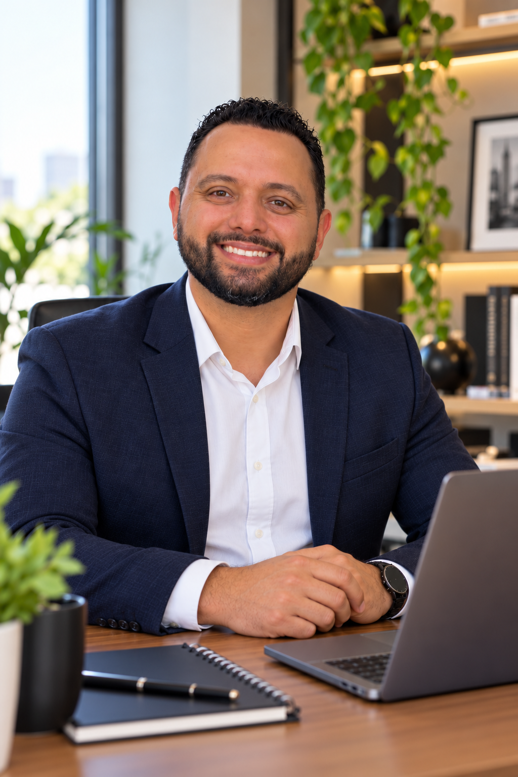 Vinicius Mariani, fundador da Mariani Consultoria Empresarial, sentado à mesa de um escritório.